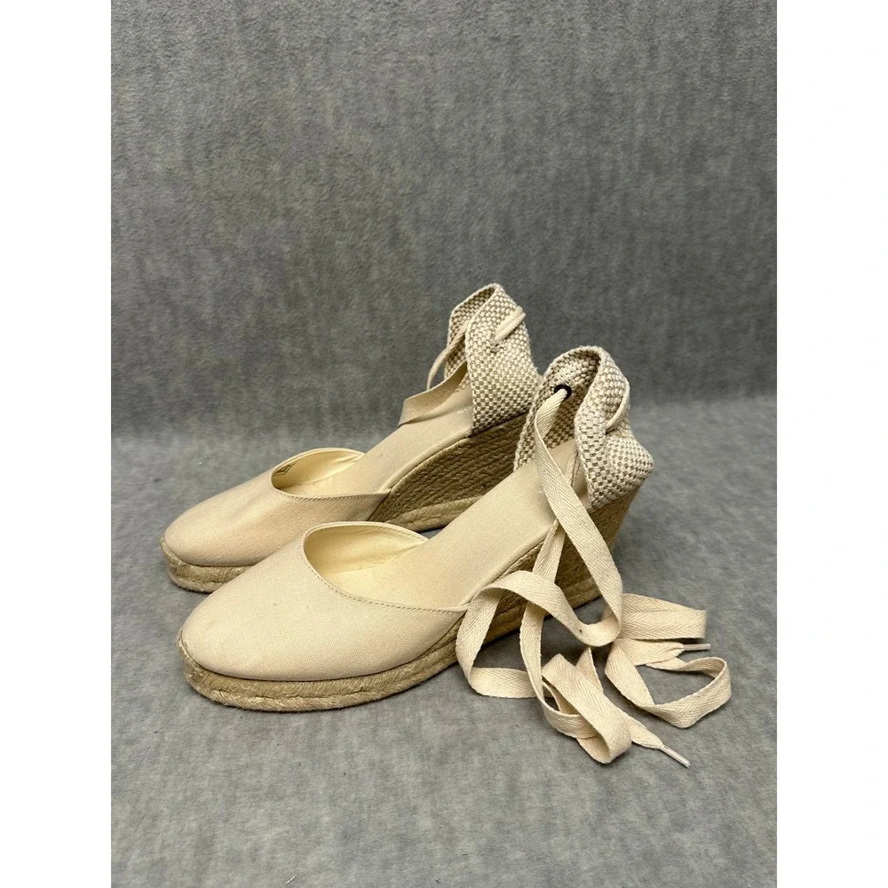 Soludos Size 11 Espadrille Wedge Sandals Beige Canvas Lace Up Ankle‎ Tie Jute